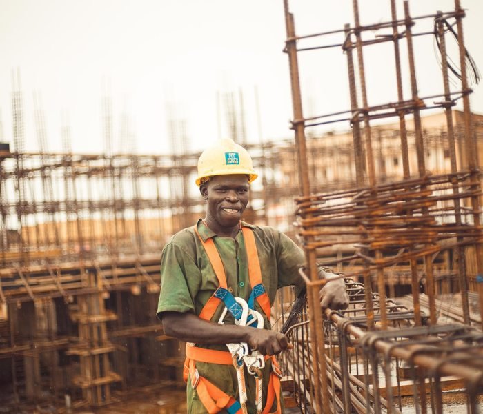 Construction worker wearing safety equipment in Kitgum