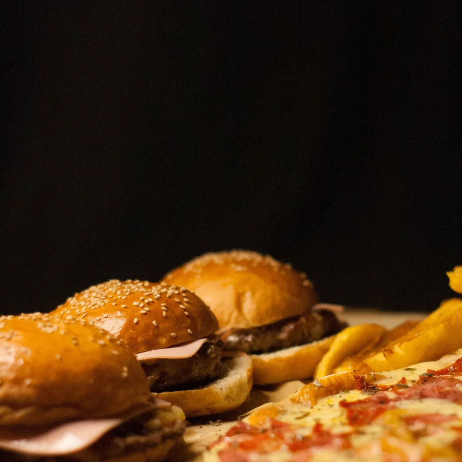 Pizza and burgers served together