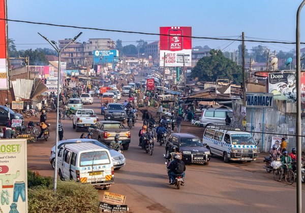 A busy Kampala street with local transport
