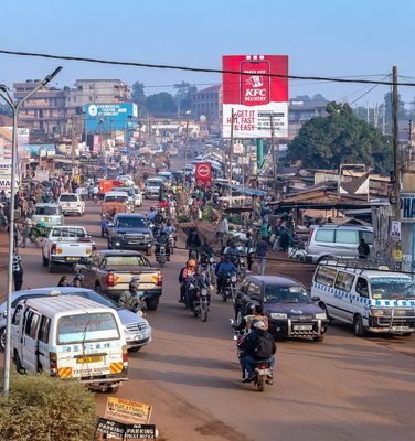 A busy Kampala street with local transport