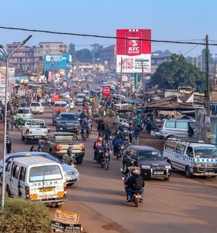 A busy Kampala street with local transport
