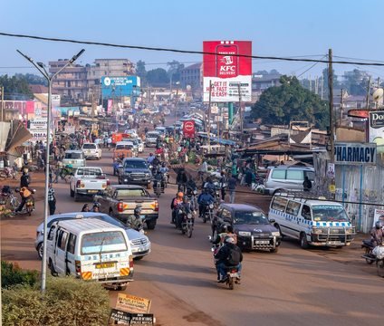 A busy Kampala street with local transport